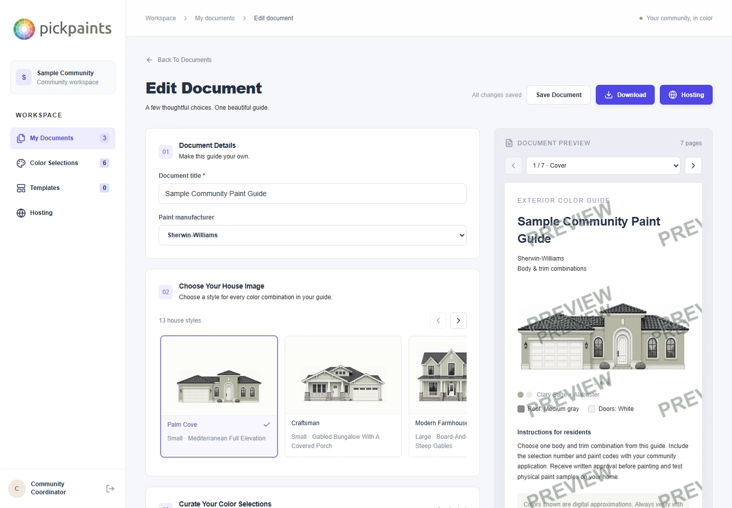Document editor with house styles, saved paint selections, and a live guide preview