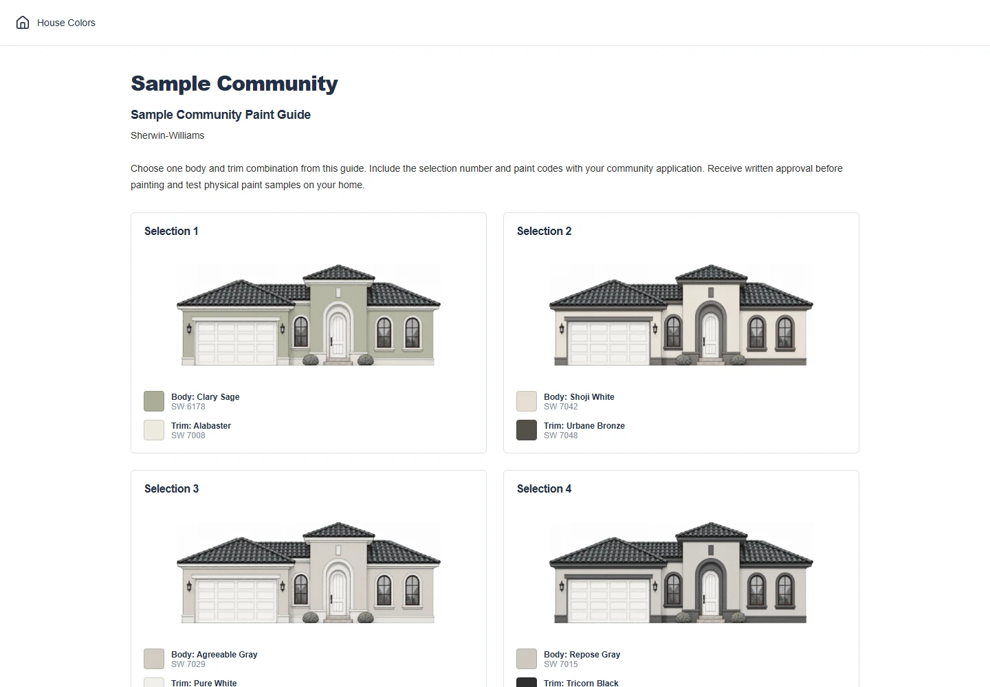 Sample public community hosting page with resident instructions and approved paint color combinations